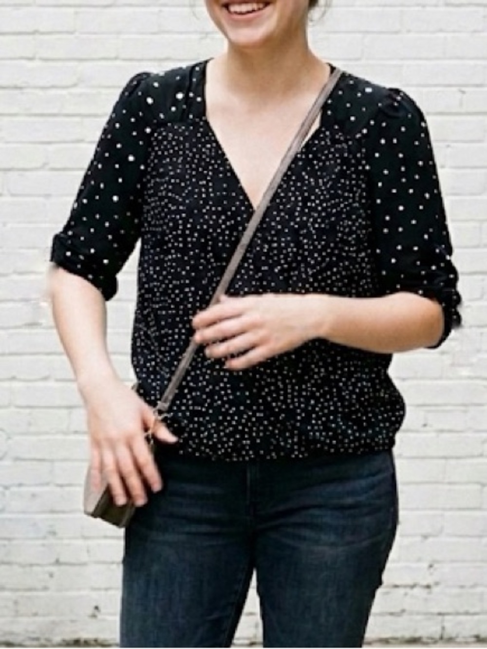 Heartloom Polka Dot Faux Wrap Draped Blouse Top Black Size Large Elasticized Hem